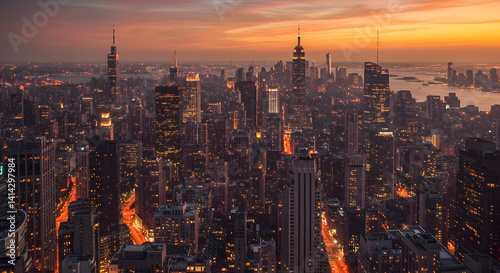 Wallpaper Mural City Skyline at Sunset with Illuminated Buildings and Orange Sky Torontodigital.ca