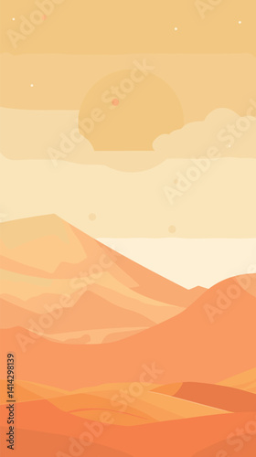 Minimalist desert landscape with orange hues and abstract mountains under a soft sun flat vector illustration