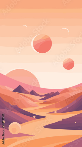 Surreal martian landscape with planetary bodies in a vibrant orange sky flat vector illustration