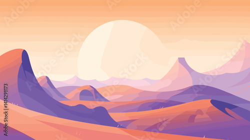 Colorful abstract sunset landscape with rolling hills and large sun flat vector illustration