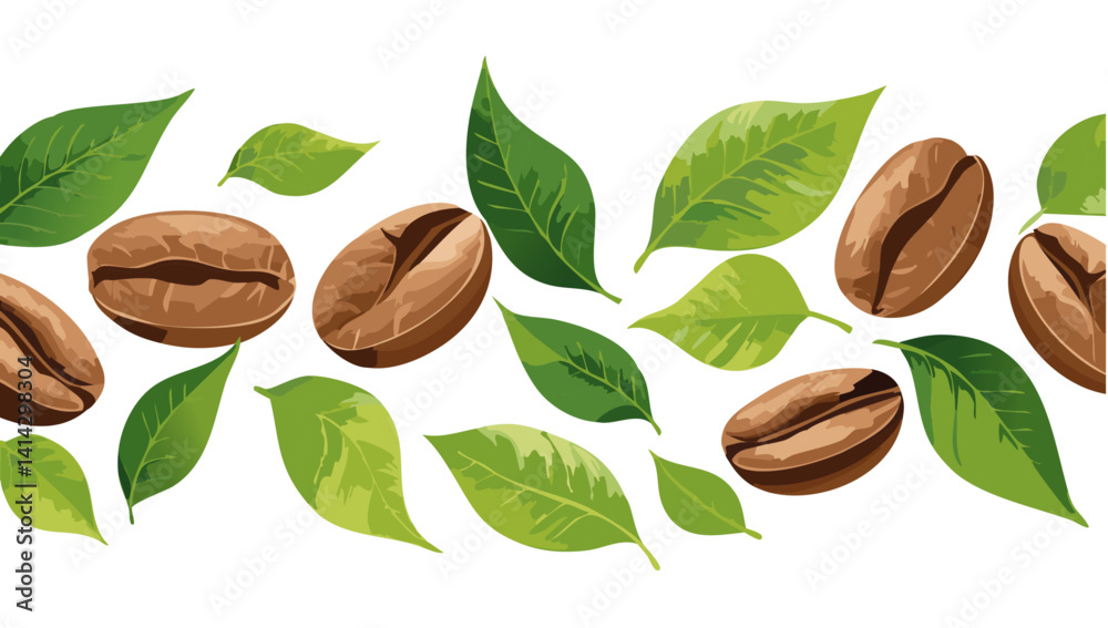 set of falling coffee beans with leaves vector design