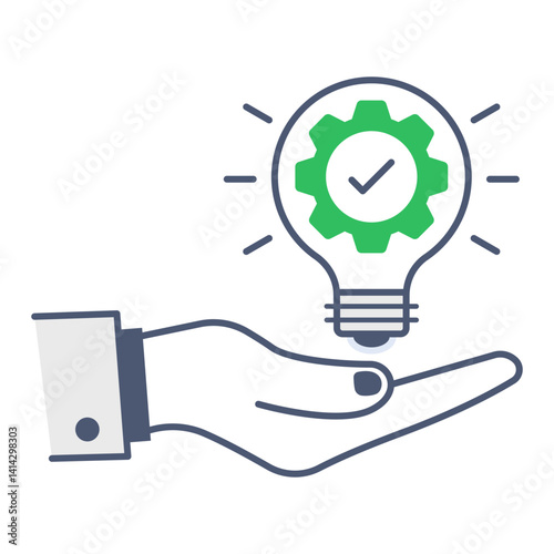 Customized Solutions Icon. Hand holding lightbulb gear with checkmark for tailored innovation.