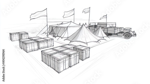 Military encampment sketch, tents, trucks, and crates