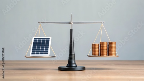A balanced scale displays a solar panel on one side and stacks of coins on the other, symbolizing the value of renewable energy versus monetary wealth.