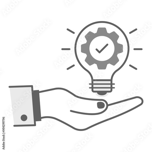 Customized Solutions Icon. Hand holding lightbulb gear with checkmark for tailored innovation.
