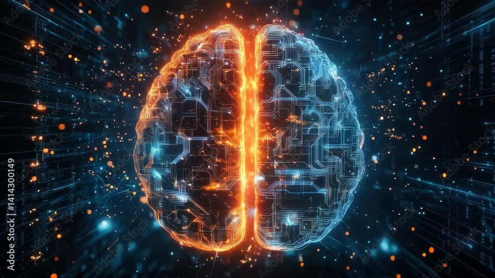 Glowing digital brain illuminated with blue and orange circuits in a futuristic data environment, symbolizing artificial intelligence, neural networks, and advanced technology systems.