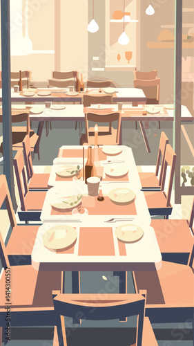 Cozy empty restaurant interior with wooden tables and chairs flat vector illustration