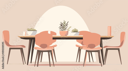 Modern dining room with minimalist table, chairs, and indoor plants flat vector illustration