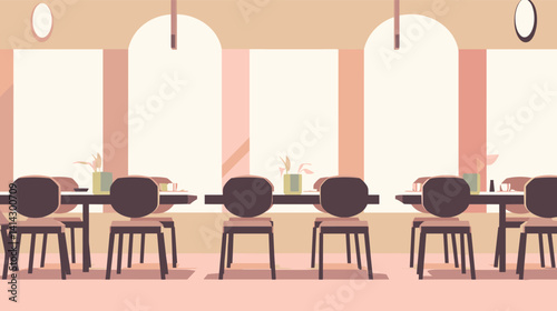 Minimalistic cafe interior with wooden furniture and large windows flat vector illustration
