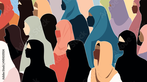 Diverse group of women in hijabs and face masks in colorful minimalist art flat vector illustration