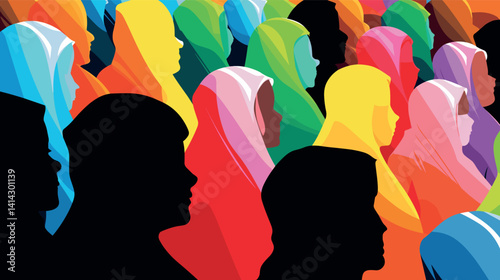Colorful silhouette portraits of diverse women in hijabs flat vector illustration