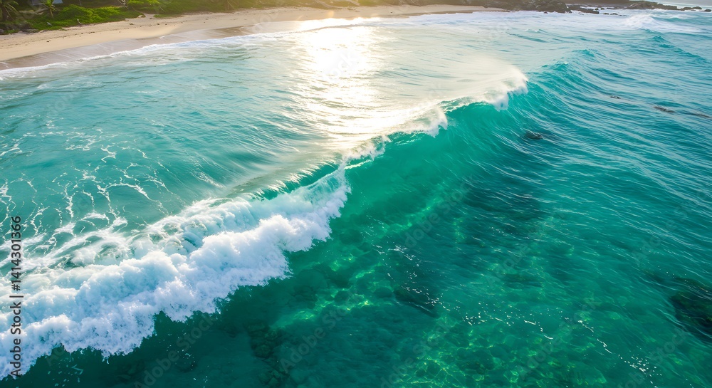 Fototapeta premium Ocean Wave: Turquoise Waters, Sunlit Curl, Serene Coastal Scene