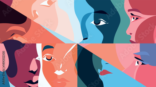 Abstract art of diverse faces in geometric style with bold colors flat vector illustration