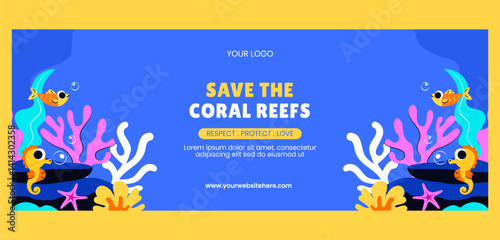 World Ocean and Reef Awareness Day Cover Vector Illustration in Cute Cartoon Style