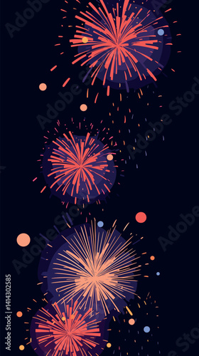 Colorful fireworks display on dark night sky flat vector illustration