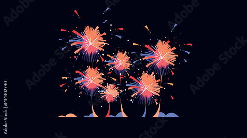 Colorful fireworks display against night sky flat vector illustration