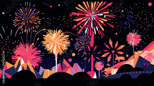 Colorful fireworks exploding in night sky over geometric cityscape flat vector illustration