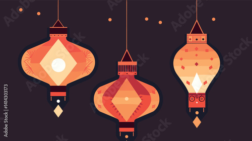 Geometric lantern designs with warm tones and patterns on dark background flat vector illustration