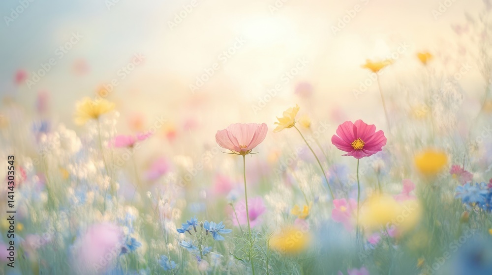 Obraz premium Colorful wildflower meadow under soft morning light