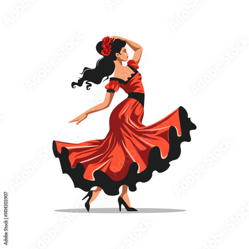 Elegant Flamenco Dancer in Red Dress Vector Illustration