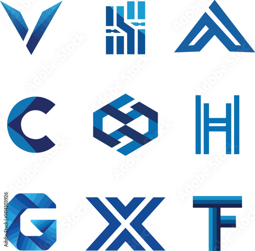 Nine Geometric Blue Logos Representing Letters V, H, A, C, S, H, G, X, T in a Modern 3x3 Grid Design