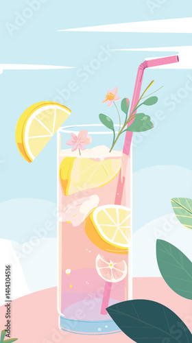 Refreshing lemonade with straw and floral accents flat vector illustration
