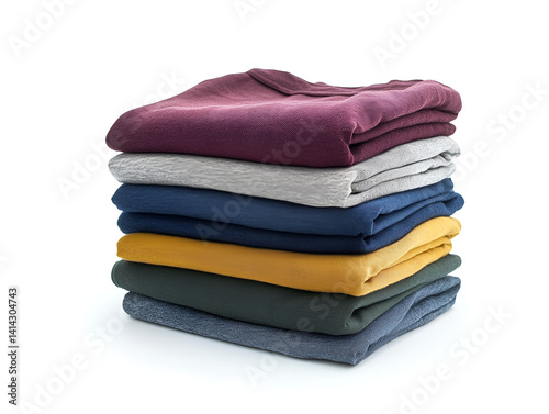 A stack of colorful folded clothing, including a blue shirt and a red t-shirt, isolated on white