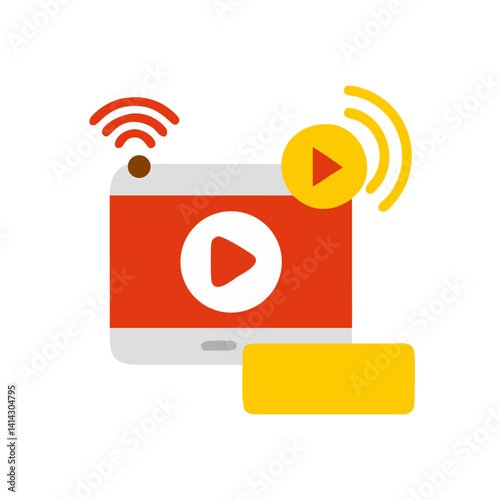 Colorful video streaming icon with a play button and sound waves on a white background
