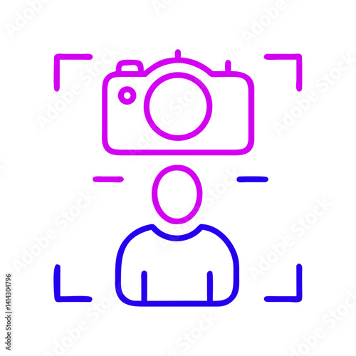 Line art camera capturing a person with focus frames on a white background