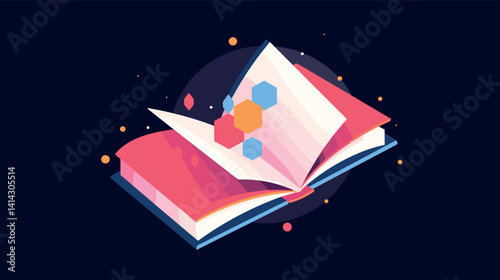 Open book with geometric shapes on dark background flat vector illustration