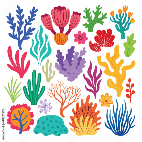 Vector set of corals. Bright sea elements are isolated on white. Beautiful underwater flora and fauna stickers. 