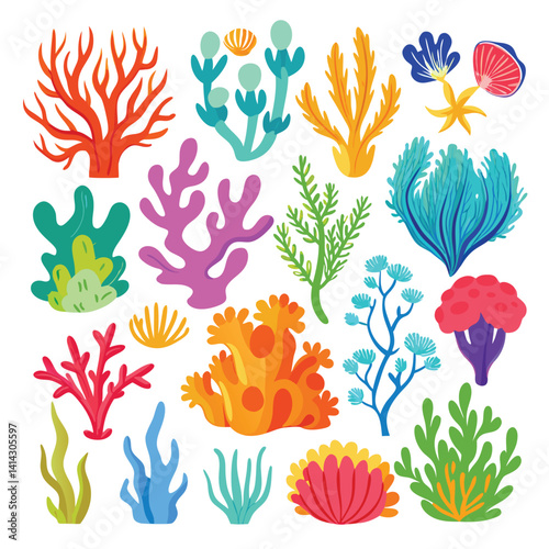 Vector set of corals. Bright sea elements are isolated on white. Beautiful underwater flora and fauna stickers. 