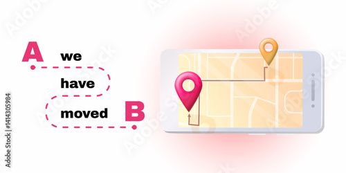 Flat vector illustration showing relocation notice with path from A to B and map on smartphone screen. Business announcement or template design. Stock vector illustration in flat style.
