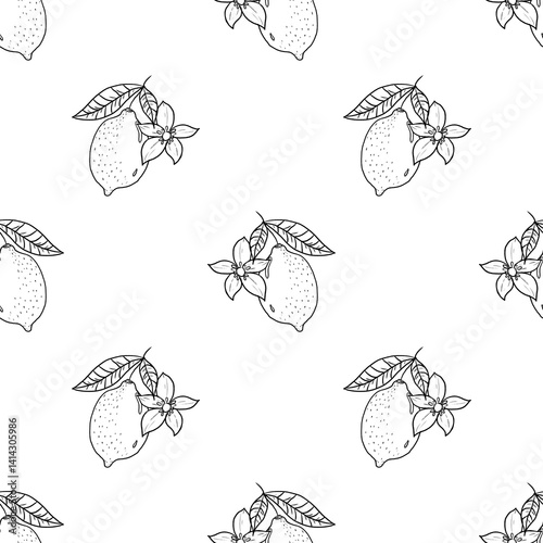 Seamless pattern lemon, flowers.Black and white, hand drawn. Floral, botanical. Baby shower. Baby, newborn, kids, children background, Textile, fabric, paper, clothes, greeting card design..jpg
