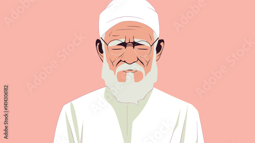 Elderly male in white garb with glasses on pink background flat vector illustration