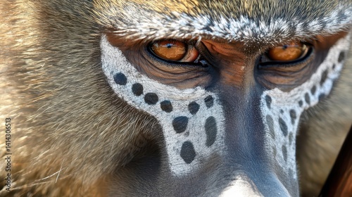 Close-up portrait of a drill monkey's expressive face.