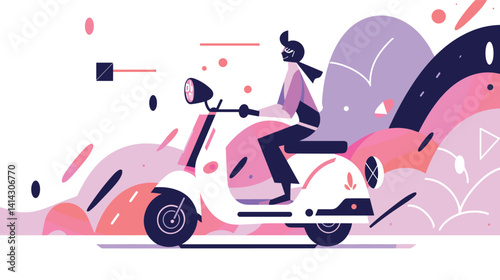 Female riding scooter with abstract background in vibrant colors flat vector illustration