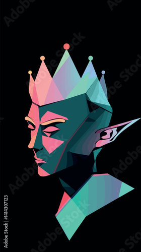 Geometric elf portrait with colorful crown in futuristic style flat vector illustration