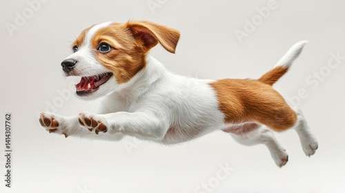 Energetic jack russell terrier puppy leaping playfully against white background