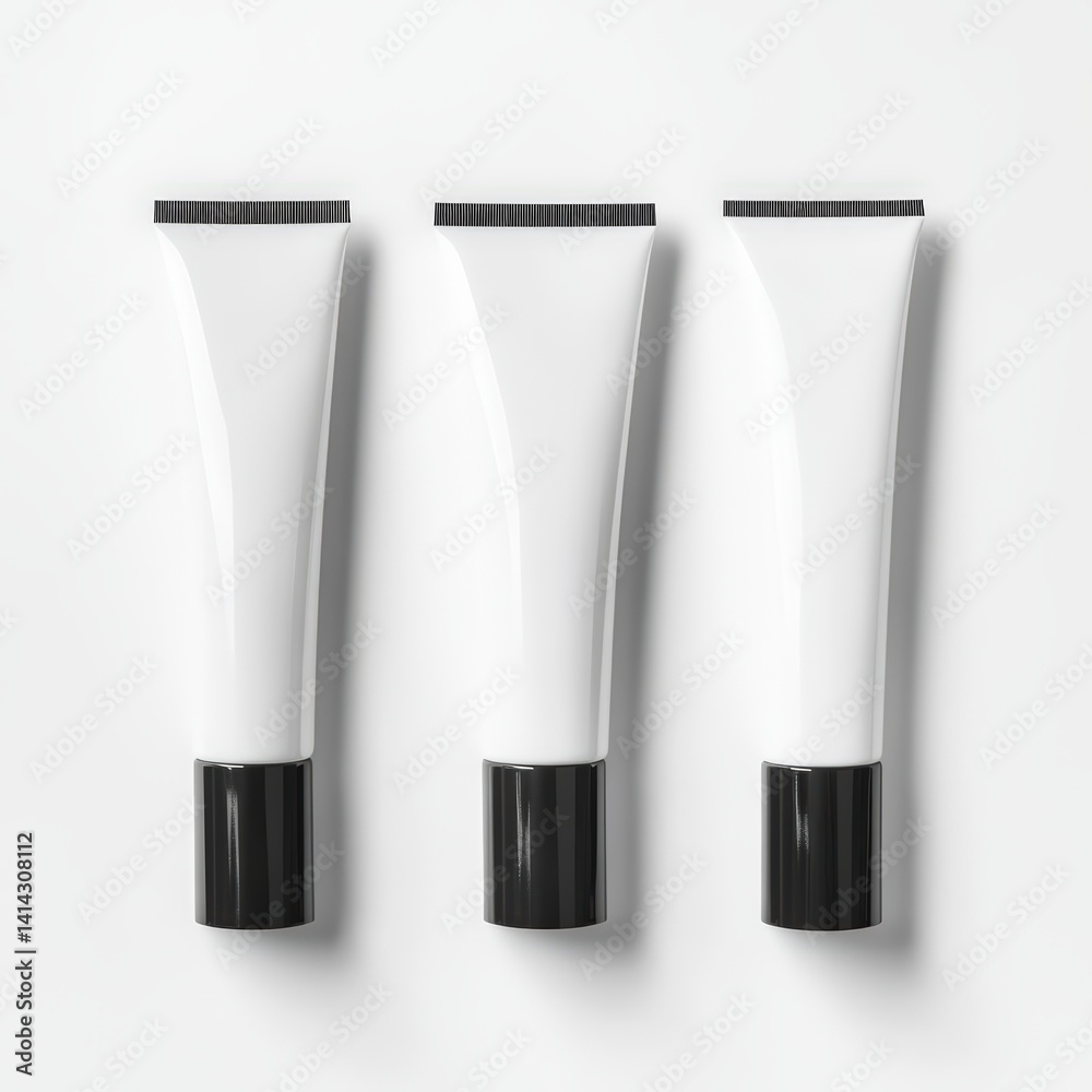 Tubes of cosmetic cream arranged neatly on a plain white background for product display or packaging concepts Tubes of cosmetic cream arranged neatly on a plain white background for product display or packaging concepts