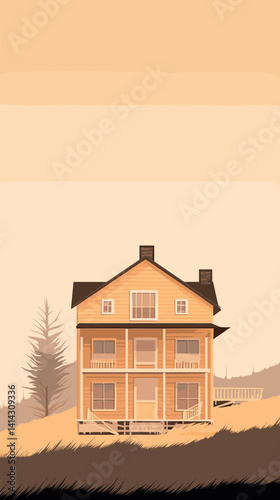Rustic two-story house in tranquil landscape with warm colors and prairie flat vector illustration