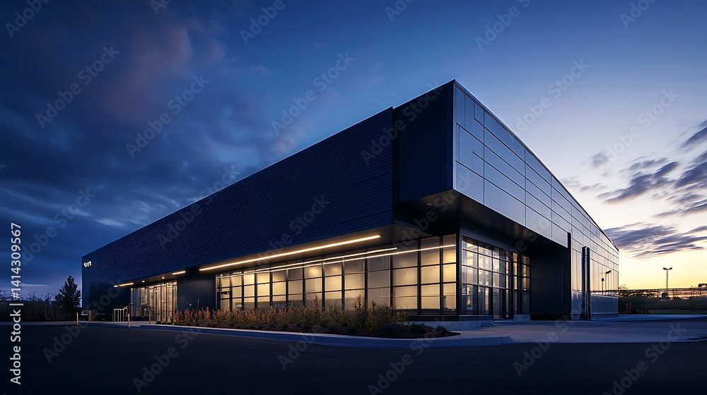 Obraz premium Modern Building Exterior at Twilight with Illuminated Windows