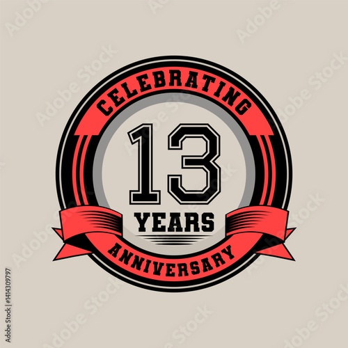 Celebrating 13 year anniversary logo vintage emblem with red ribbon, Retro vector design isolated on white background