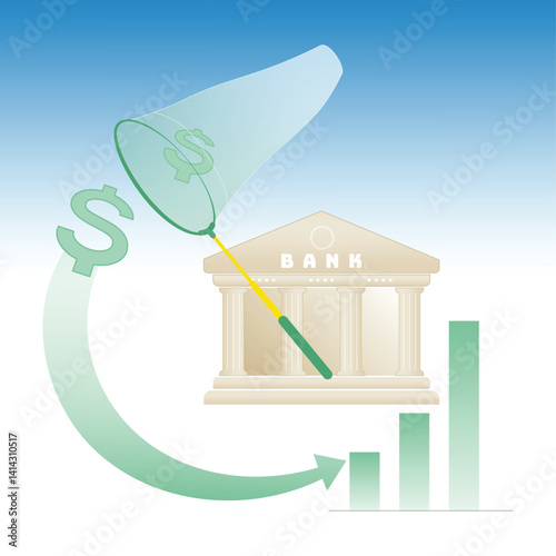 Financial concept illustration featuring a bank building, dollar signs, a net catching money, and a rising bar graph, symbolizing income growth, investment, and financial achievement.