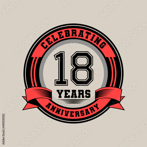 Celebrating 18 year anniversary logo vintage emblem with red ribbon, Retro vector design isolated on white background
