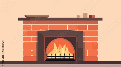 Cozy brick fireplace with warm flames and minimalist decor elements flat vector illustration