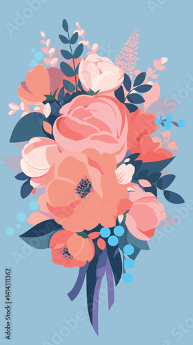 Colorful floral bouquet with roses and leaves on blue background flat vector illustration