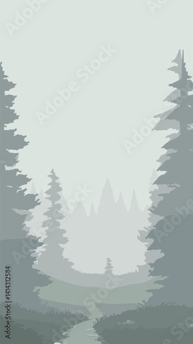Serene misty forest landscape with pine trees and soft daylight flat vector illustration