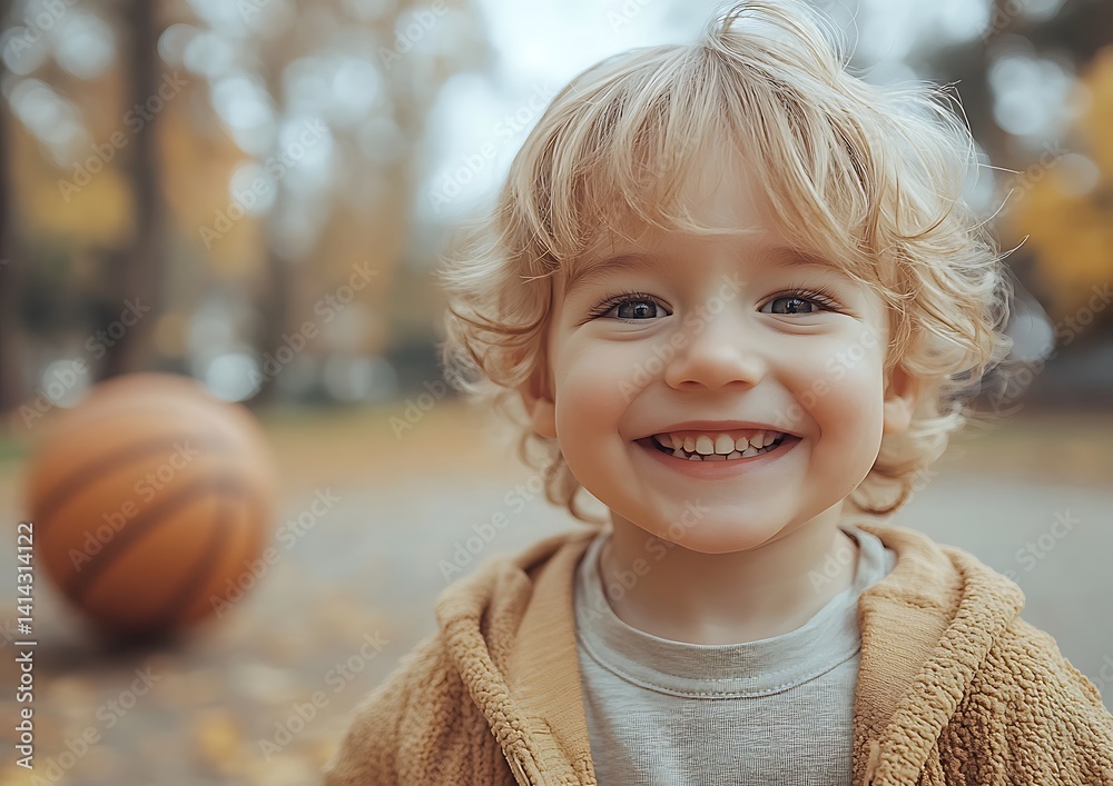 Child smiles in autumn park