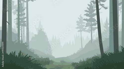 Misty forest path with tall trees and greenery in a serene woodland landscape flat vector illustration